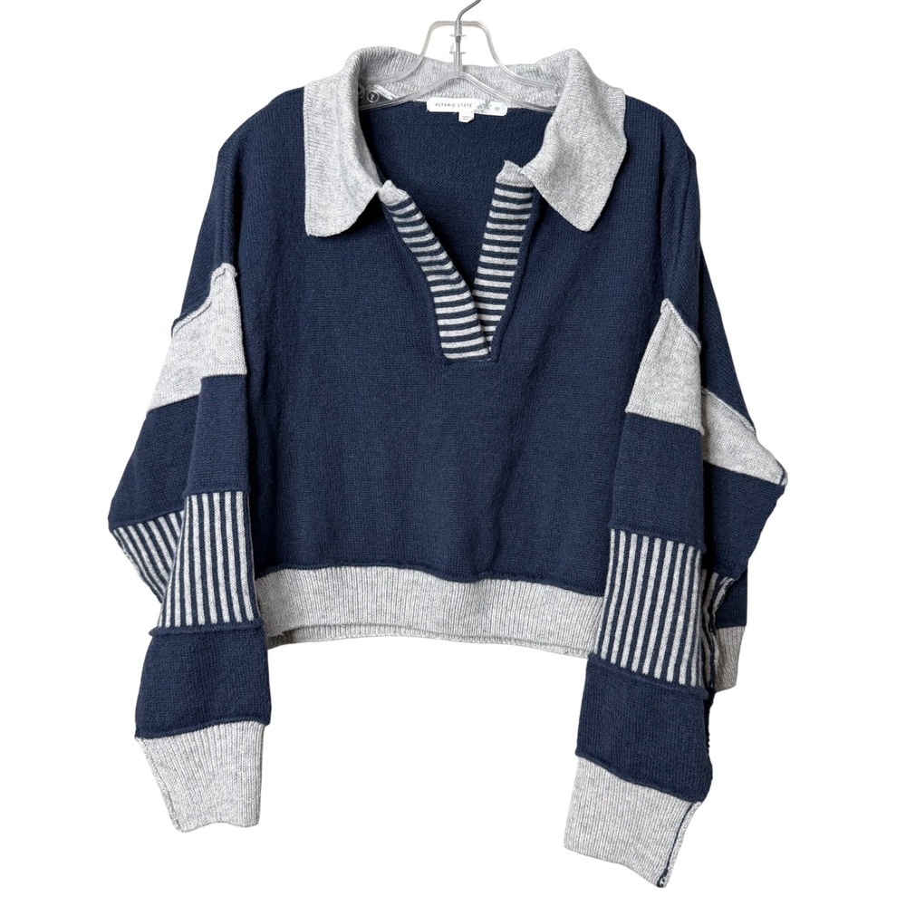 Altar'd State Rugby Sweater Womens Small Blue Gray Patchwork Cropped Polo